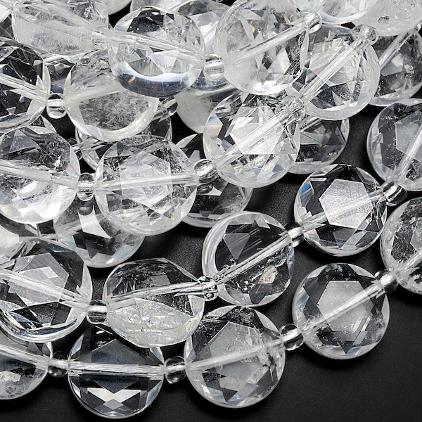 AAA Super Clear Real Genuine Natural Rock Crystal Quartz 10mm 12mm Faceted Coin Beads 15.5" Strand