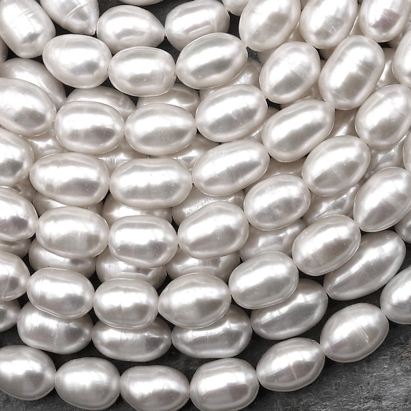 Papa de agua dulce blanca genuina AA, ovalada, de arroz, de 8 mm y 10 mm, perla brillante iridiscente, clásica, blanca, de 15"