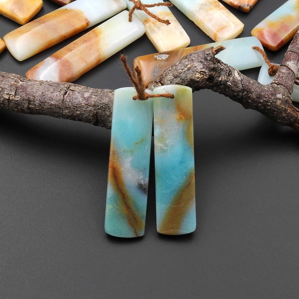 Natural Blue Golden Brown Amazonite Earring Pair Matched Drilled Gemstone Rectangle Beads A3