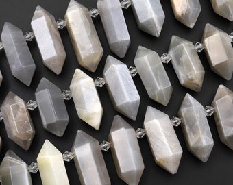 Natural Grey Moonstone Faceted Double Terminated Point Top Side Drilled Focal Pendant Beads 15.5" Strand