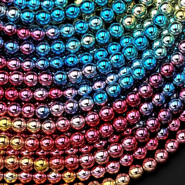 Gradient Rainbow Ombre Fantasy Colors Hematite Round Beads Metallic Titanium Gold Blue Green Rose Pink 2mm 3mm 4mm 6mm 8mm 10mm 15.5" Strand