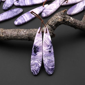 May include: A pair of long, teardrop-shaped earrings made from purple and white striped agate. The earrings are strung on brown cords and are hanging from a branch.