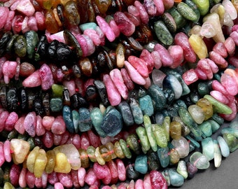 Natural Multicolor Green Pink Yellow Blue Cognac Tourmaline Freeform Chip Pebble Nugget Beads Gemstone 15.5" Strand