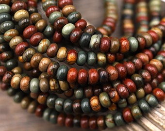 AAA Natural Red Creek Jasper Smooth 8mm Rondelle Beads Earthy Red Green Brown Aka Multicolor Picasso Jasper 15.5" Strand