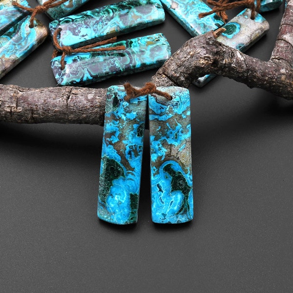 Rare Natural Shattuckite Earring Pair Rectangle Matched Gemstone Beads Chrysocolla Azurite Malachite From Congo