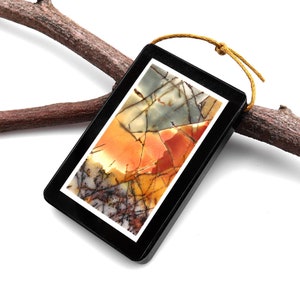 Large Intarsia Pendant Natural Red Creek Jasper W Black Onyx Inlay Frame Side Drilled Long Rectangle Pendant