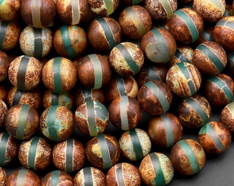 Tibetan Agate 6mm 8mm 10mm Round Beads Dzi Agate Green Brown Etched Line Ring Matte Mala Antique Boho Beads 15.5" Strand