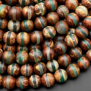 Tibetan Agate 6mm 8mm 10mm Round Beads Dzi Agate Green Brown Etched Line Ring Matte Mala Antique Boho Beads 15.5" Strand