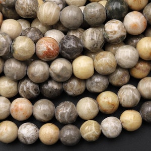 Natural Fossil Coral 6mm 8mm Round Organic Earthy Beads Grey Brown Tan Beige Yellow Beads 15.5&quot; Strand