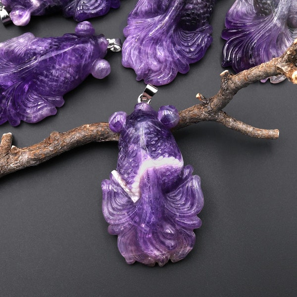 Hand Carved Natural Purple Amethyst Goldfish Gemstone Pendant