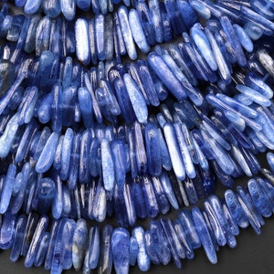 May include: A strand of blue kyanite gemstone beads, each bead is a long, slender, and slightly irregular shape. The beads are arranged in a staggered pattern, creating a visually appealing texture.