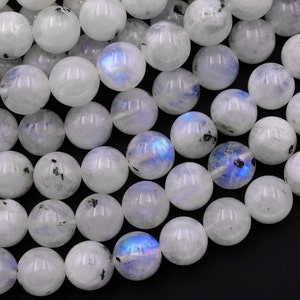 Natural Rainbow Moonstone 4mm 5mm 6mm 8mm Round Beads Blue Flashes W Black Tourmaline 15.5&quot; Strand