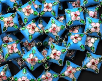 Turquoise Blue Cloisonné Diamond Beads 16mm Decorative Floral Copper Enamel 15.5" Strand