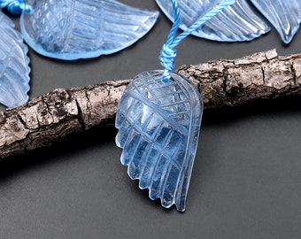 Hand Carved Natural Blue Aquamarine Angel Wing Pendant Bead Drilled Real Gemstone