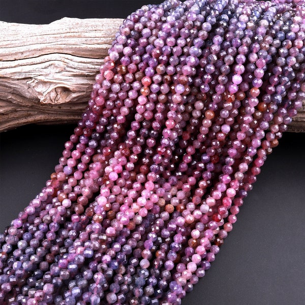 Genuine Natural Blue Pink Ruby Gemstone Faceted 3mm 4mm Round Beads 15.5" Strand