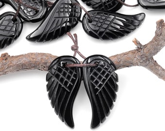 Hand Carved Natural Black Rainbow Obsidian Angel Wing Earring Pair Drilled Matched Gemstone Beads