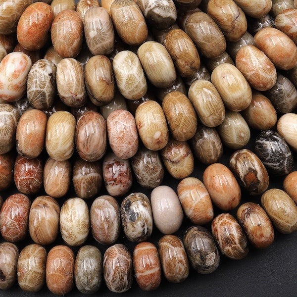 Large Natural Fossil Coral Smooth Rondelle Beads 10mm Brown Beige Tan Rusty Red Coral Beads 15.5" Strand