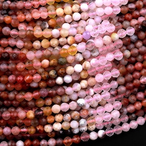 Micro Faceted Multicolor Mixed Gemstone Round Beads 4mm Rose Quartz Yellow Opal Rainbow Agate Gradient Red Shades 15.5&quot; Strand