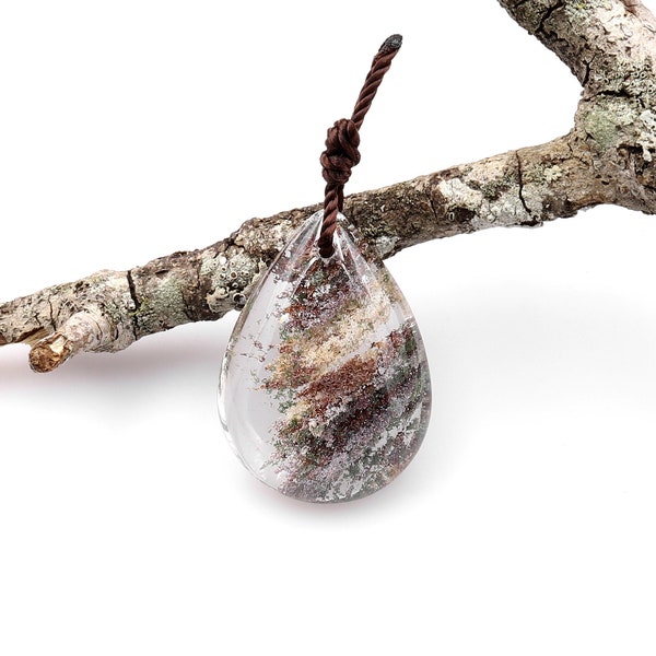 AAA Natural Lodalite Phantom Quartz Puffy Teardrop Pendant Gemstone Focal Bead Extra Clear