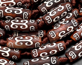 AAA Tibetan Agate Cylinder Long Drum Barrel Beads Dzi Agate Brown Antique Wood Look Mala Antique Boho Beads 15" Strand