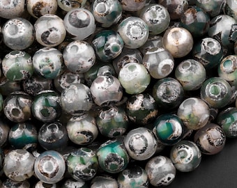 Tibetan Agate 8mm Round Beads Dzi Agate Green Eye Mala Antique Boho Beads 14.5" Strand