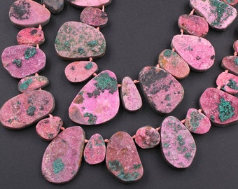 Natural Pink Cobalto Calcite Druzy Beads Green Malachite Crystal Side Drilled Teardrop Pendant 15.5" Strand
