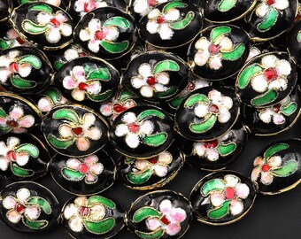 Black Pink Green Gold Cloisonné Beads Oval Decorative Floral Enamel 15.5" Strand