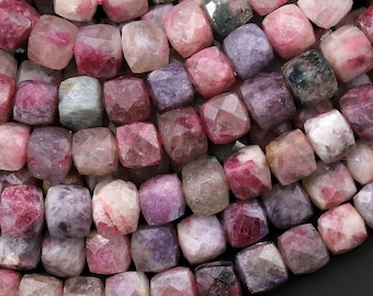 Natural Multicolor Pink Tourmaline Faceted 8mm 9mm 10mm Cube Dice Square Beads Micro Laser Diamond Cut Gemstone 15.5" Strand