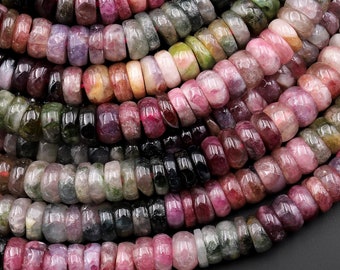 Natural Multicolor Tourmaline Heishi Rondelle Beads 4mm 5mm 6mm 7mm 8mm Watermelon Pink Green Gemstone 15.5" Strand