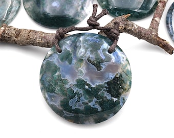 AAA 2 Hole Pendant Large Natural Green Moss Agate Circular Round Pendant Gemstone Focal Bead