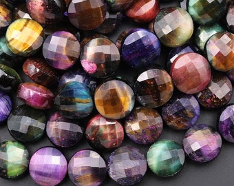 AAA Rainbow Colors Galaxy Tiger's Eye 10mm Faceted Coin Beads 15.5" Strand