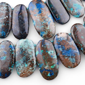 Genuine Natural Blue Azurite Beads Large Top Side Drilled Freeform Long Oval Focal Pendant From Arizona Copper Mine 15.5&quot; Strand
