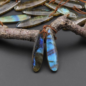 May include: Two teardrop-shaped labradorite gemstone pendants with iridescent blue and green hues. The pendants are tied together with brown string and are hanging from a branch.