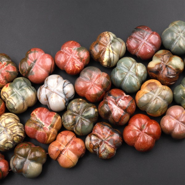 Carved Red Creek Jasper Flower Beads Earthy Red Green Yellow Brown Natural Cherry Creek Multi-color Picasso Jasper 15.5" Strand