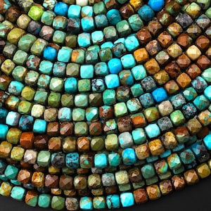 Cuentas cúbicas facetadas de turquesa multicolor natural de 4 mm, auténtica piedra preciosa azul, verde y marrón, tira de 15,5"