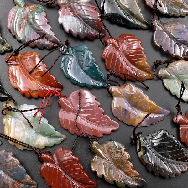 Hand Carved Natural Indian Agate Leaf Pendant Bead Drilled Gemstone