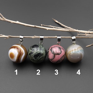 Natural Gemstone 20mm Round Ball Sphere Pendant Choose from Rose Quartz Rock Quartz Rhodonite Golden Obsidian Sodalite Tuxedo Agate Rhyolite