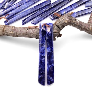 Puede incluir: Dos pendientes largos, delgados, azules y blancos, de piedra natural pulida. Los pendientes están atados con un cordón marrón.