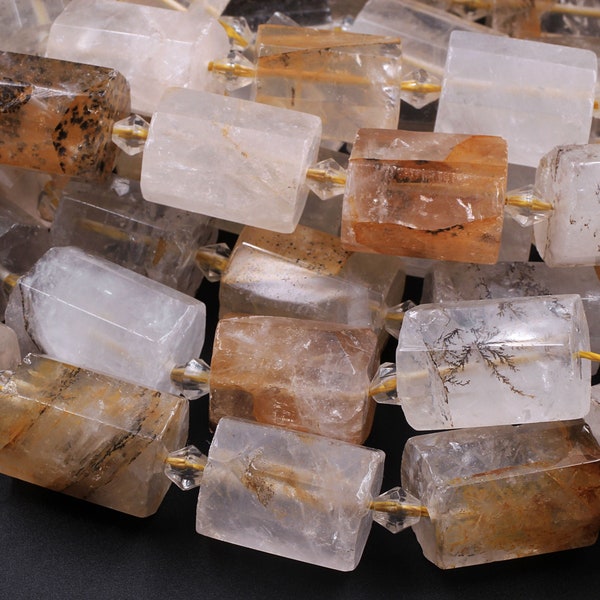 Perles de tube de quartz dendritique à facettes Cristal de roche doré naturel Cylindre épais 15,5 « Brin