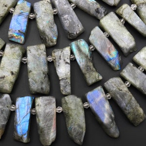 Matte Natural Labradorite Rectangle Rectangular Beads Spike Stick Slice Focal Pendant Cleopatra Style Fan Shaped 15.5&quot; Strand