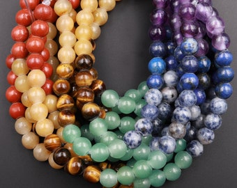 Large Hole Beads 2.5mm Drill Natural Chakra Beads 8mm 10mm Round Seven Rainbow Gemstone  8&quot; Strand