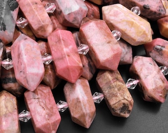 Natural Pink Red Rhodonite Beads Faceted Double Terminated Point Bullet Center Drilled Pendant Bead 15.5" Strand