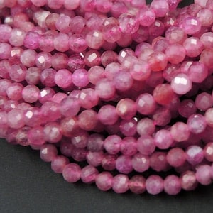 AAA Micro Faceted Natural Pink Tourmaline Faceted 2mm 3mm 4mm 5mm Round Beads Diamond Cut Gemstone 15.5" Strand