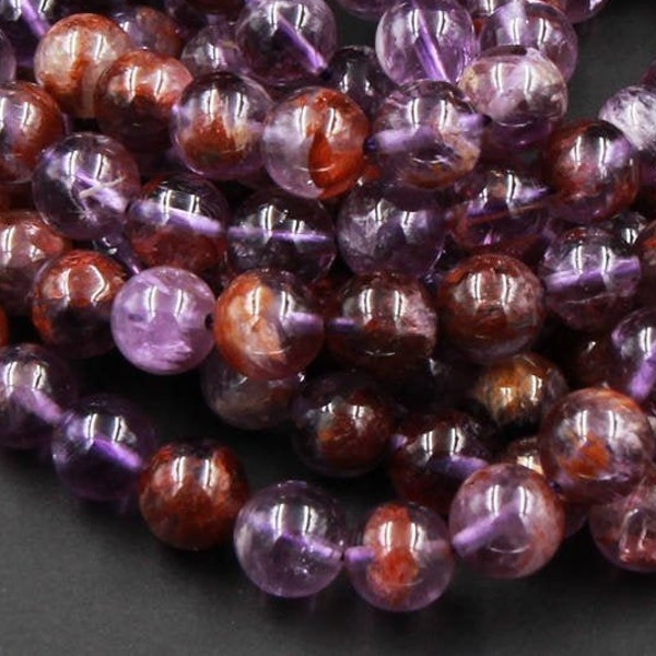 Super 7 Crystal Element Natural Phantom Amethyst Cacoxenite Round Beads 4mm 6mm 8mm 10mm 12mm 14mm Powerful Healing Stone Rock 15.5" Strand