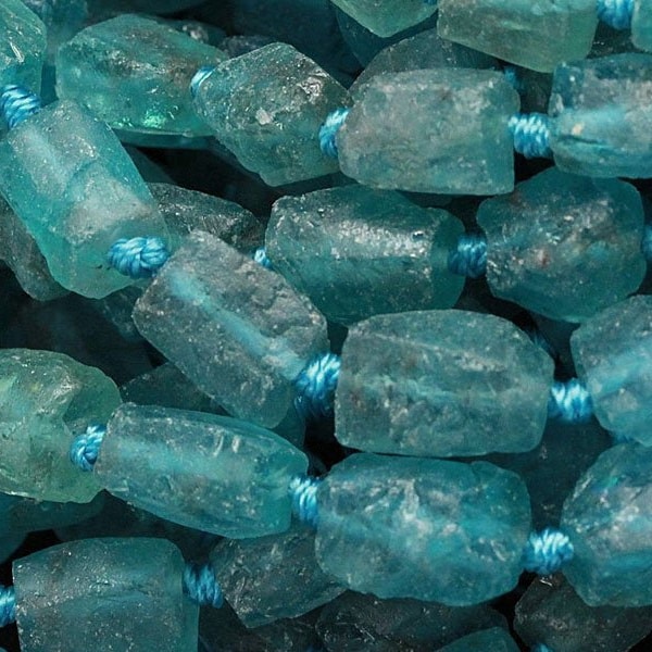 Extra Gemmy Raw Rough Natural Teal Blue Green Apatite Beads Frosty Matte Nuggets Rectangle Tube Beads Organic Natural Gemstone 15.5" Strand