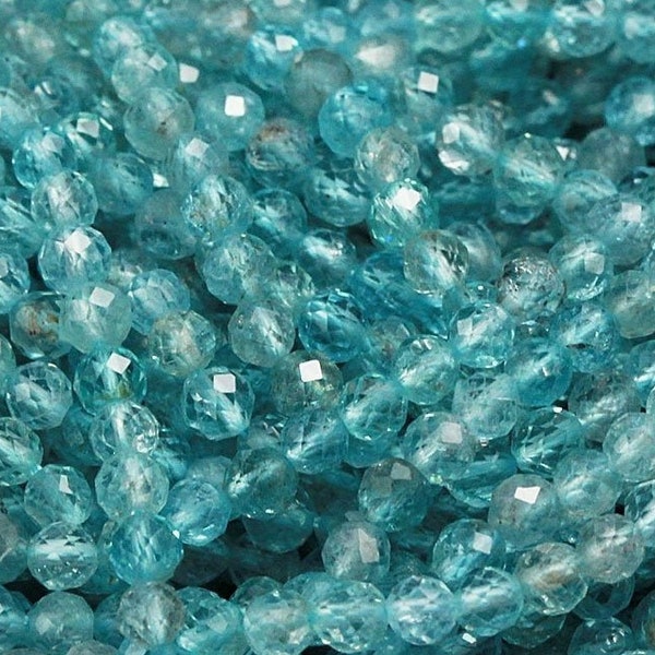 Micro Faceted AAA Tiny Small Natural Apatite Faceted Round Beads 2mm 3mm 4mm Faceted Round Beads Translucent Aqua Blue Gemstone 15.5" Strand