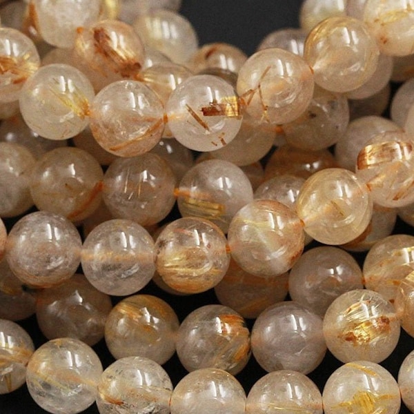 Natural Golden Rutile Quartz 4mm 6mm 8mm 10mm 12mm 14mm Round Beads Tons of Sharp Rutile Hair Needle 15.5" Strand