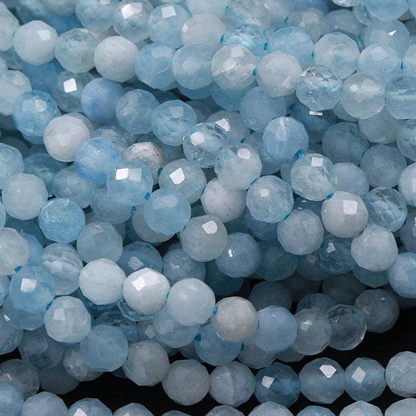 Micro Faceted Natural Aquamarine 2mm 3mm 4mm 6mm Faceted Round Beads Laser Diamond Cut Real Genuine Blue Aquamarine Gemstone 15.5" Strand