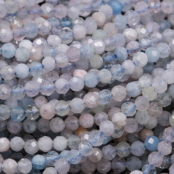 Gorgeous Faceted Aquamarine 2mm Round Beads Tiny Small Natural Pastel Pink Morganite Baby Blue Beryl Micro Faceted Cut Gemstone 16" Strand