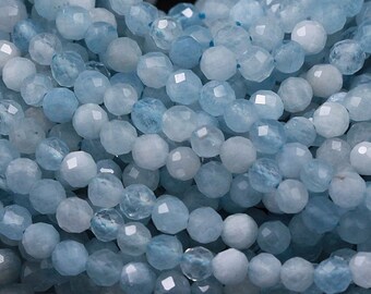 Micro Faceted Natural Aquamarine 2mm 3mm 4mm 6mm Faceted Round Beads Laser Diamond Cut Real Genuine Blue Aquamarine Gemstone 15.5" Strand